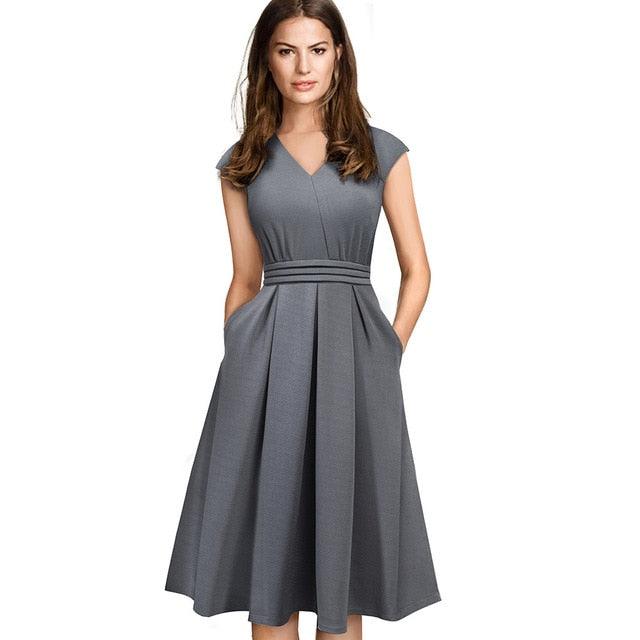 Brief Elegant Solid Color Sleeveless Dress - With Pocket A Line Women Flare Dress (BWM)(WSO3)(TP5)