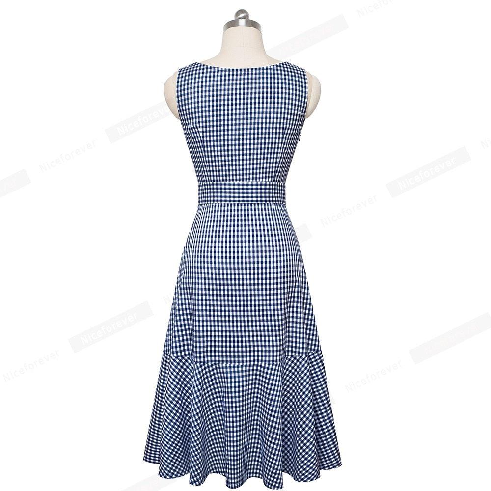 Nice New Spring Casual Plaid Sleeveless Dress - With Sash A-Line Women Flare Swing Dress (BWM)(WS06)(BCD1)
