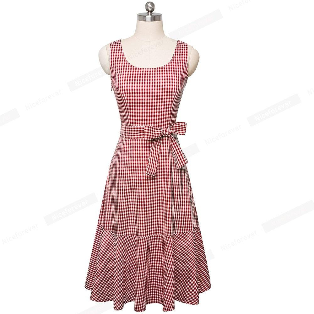Nice New Spring Casual Plaid Sleeveless Dress - With Sash A-Line Women Flare Swing Dress (BWM)(WS06)(BCD1)