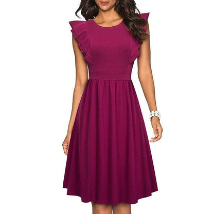 Cute Summer Retro Solid Color Ruffle Sleeve Dresses - Casual Flared Women Dress (BWM)(F20)(TP5)