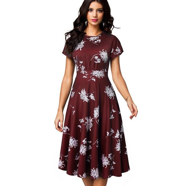 Beautiful Vintage Elegant Floral Print Pleated Round Neck Dress - A Line Pinup Business Party Women Flare Swing Dress (WS06)