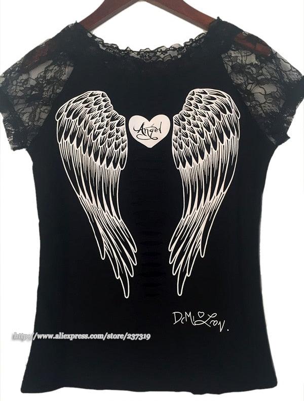 Trending Design Summer Wear Slim Style T Shirt - Women Short Sleeves O-neck Tops - Hollow Back Angel Sexy Wings (TB2)