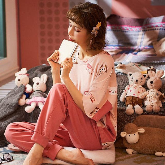 Great Cotton Short Sleeved Trousers - Two Piece Suit - Thin Home Pajamas - Women Summer Pajamas (1U90)