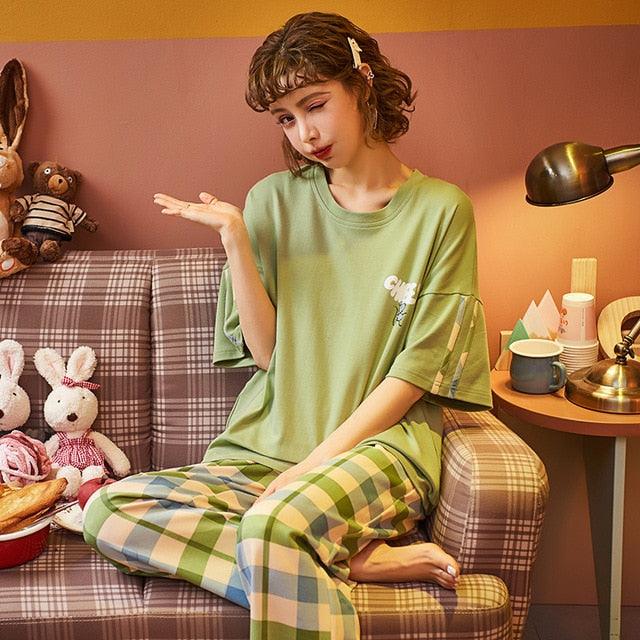 Great Cotton Short Sleeved Trousers - Two Piece Suit - Thin Home Pajamas - Women Summer Pajamas (1U90)