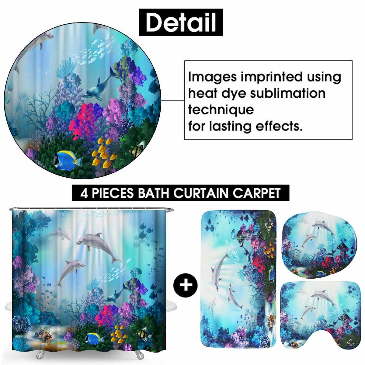 Ocean Design Dolphin Printing Shower Curtain Sets - Non-Slip Rugs Toilet Lid Cover and Bath Mat Waterproof Fabric (D65)(B&4)(B&1)(1U65)