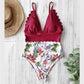 Great Sexy Floral Print Bodysuits - V Neck Swimsuit - One Piece Ruffled Women Swimwear - Bathing Suit (TB8D)