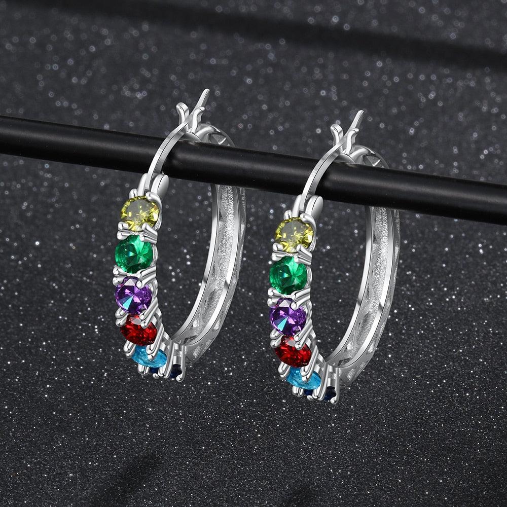 Personalized 925 Sterling Silver Hoop Earrings - Women Custom 6 Birthstones Statement Earrings (2JW3)