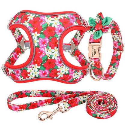 Personalized Nylon Dog Collar Harness Leash Set - Reflective Dog Vest Custom Pet ID Collars (1W1)(2W1)(3W1)