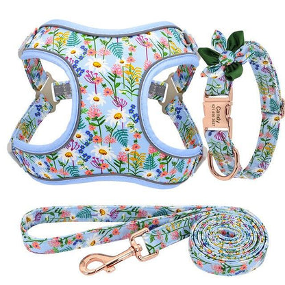 Personalized Nylon Dog Collar Harness Leash Set - Reflective Dog Vest Custom Pet ID Collars (1W1)(2W1)(3W1)