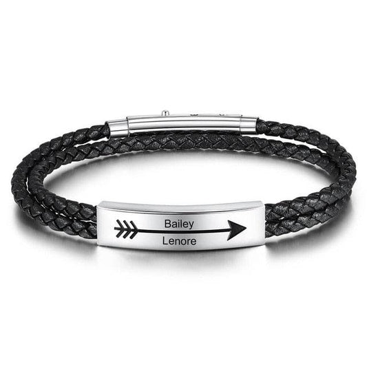Personalized Stainless Steel Name Bar Bracelets - Custom 2 Names Arrow Engraved Black Leather Bracelet (2U83)