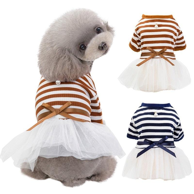 Pet Dog Stripes Pearls Gauze Tutu Dress Skirt - Puppy Cat Princess Dress Clothes (2U69)