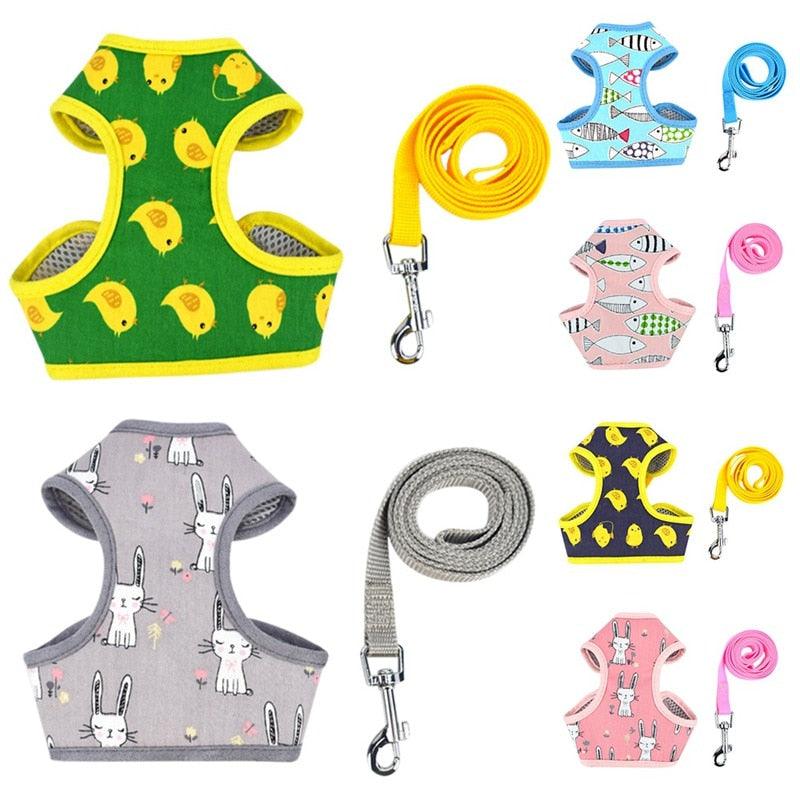 Pet Puppy Dog Cat Adjustable Harness Leash Set - With Cute Patten Pet Cotton Vest for Small Medium Dogs (2U70)