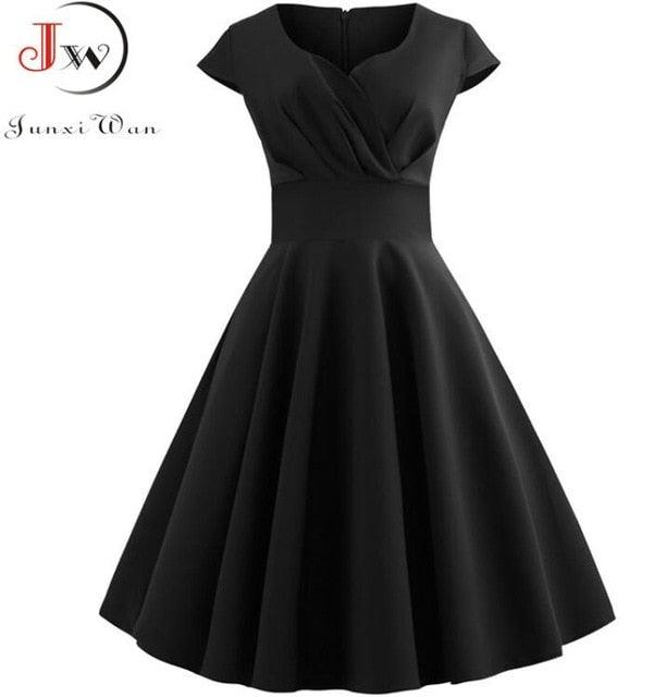Beautiful Solid Color Dress - Women V Neck Big Swing Vintage Dress - Elegant Retro pin up Party Office Midi Dresses - Plus Size (BWM)