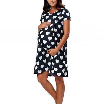 Beautiful Polka Dot Heart Printed Maternity Dress - Summer Maternity Dress Short Sleeves -Pregnancy Dresses (1U5)(Z7)(Z9)(6Z1)