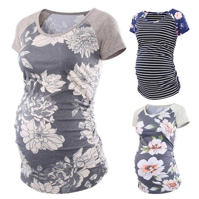Great Pregnancy T-Shirt - Casual Maternity Tops - Maternity Print Striped Top - Short Sleeve - Tee Summer Maternity Clothes (1U4)(Z1)