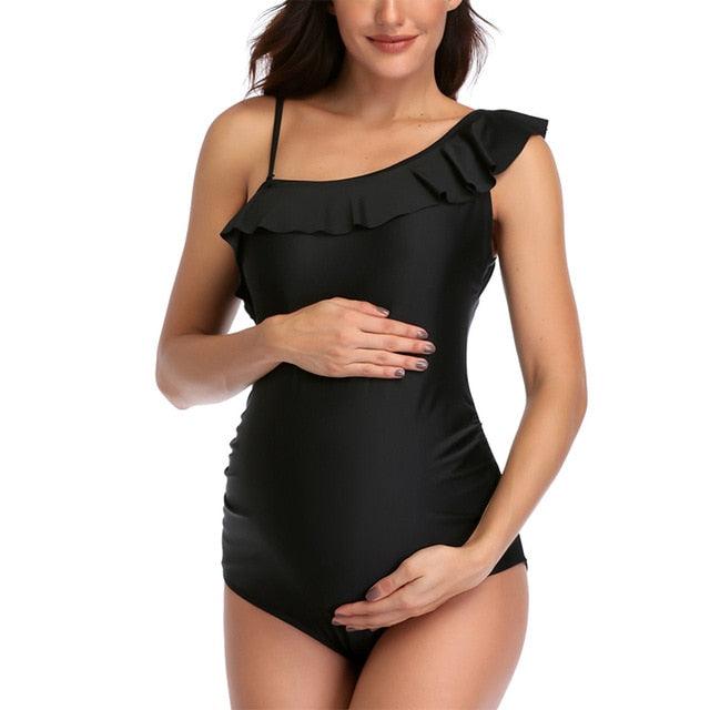 Pregnant Woman Swimsuit - Maternity Sexy Solid One-Shoulder Solid Printed Swimsuit -Ruffle Print Split Bikini Pregnant Swimwear S-5XL (Z5)