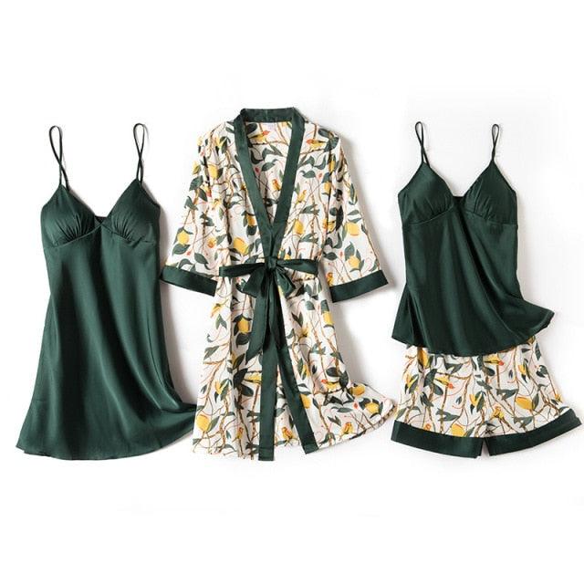 Trending Gorgeous Print Pajamas Set - Silky Women 5 Piece Sleepwear - Satin Lace Lounge with Belt Chest Pads (ZP4)(ZP1)(2U90)