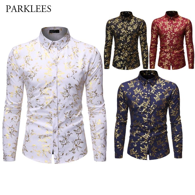 Printed Floral Casual Long Sleeve Shirt - Fashion Nightclub Party Slim Button Men's Shirt (CC1)