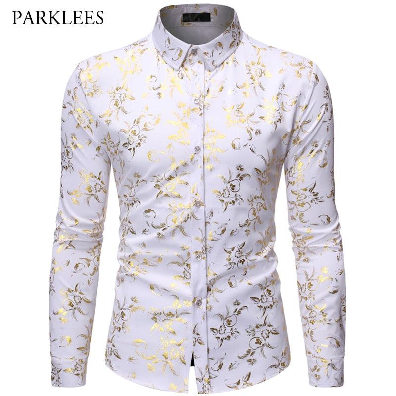 Printed Floral Casual Long Sleeve Shirt - Fashion Nightclub Party Slim Button Men's Shirt (CC1)