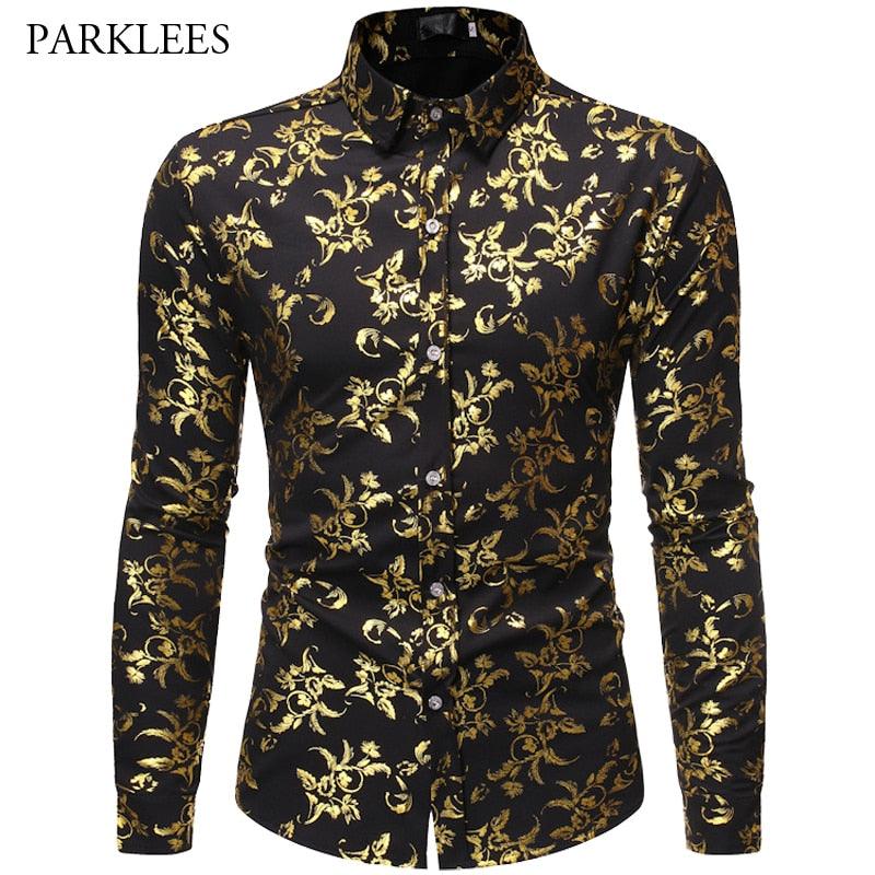 Printed Floral Casual Long Sleeve Shirt - Fashion Nightclub Party Slim Button Men's Shirt (CC1)