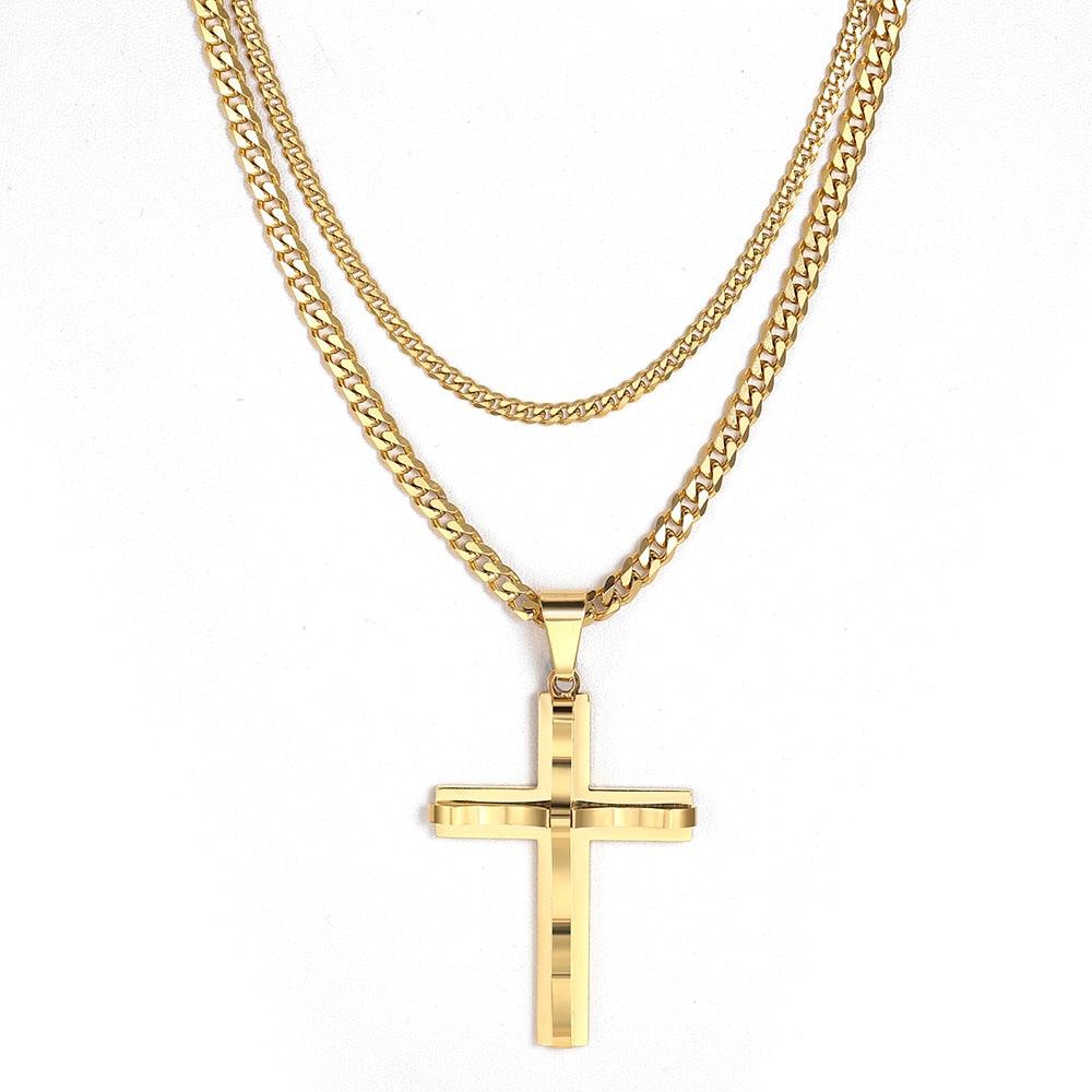 Punk Miami 2Pcs/Set - Gold Color Big Cross Pendant Necklace - Stainless Steel Curb Cuban Link Chain (2U83)