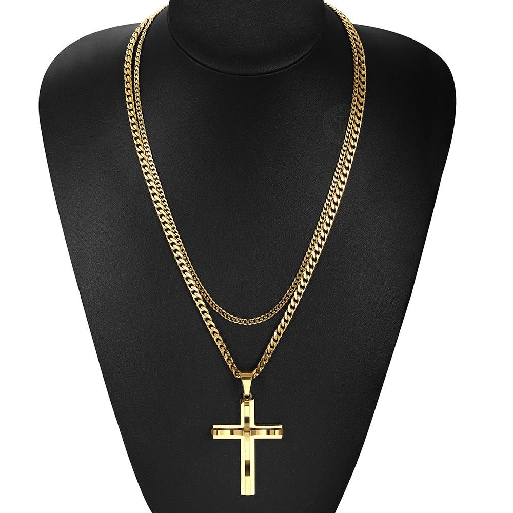 Punk Miami 2Pcs/Set - Gold Color Big Cross Pendant Necklace - Stainless Steel Curb Cuban Link Chain (2U83)