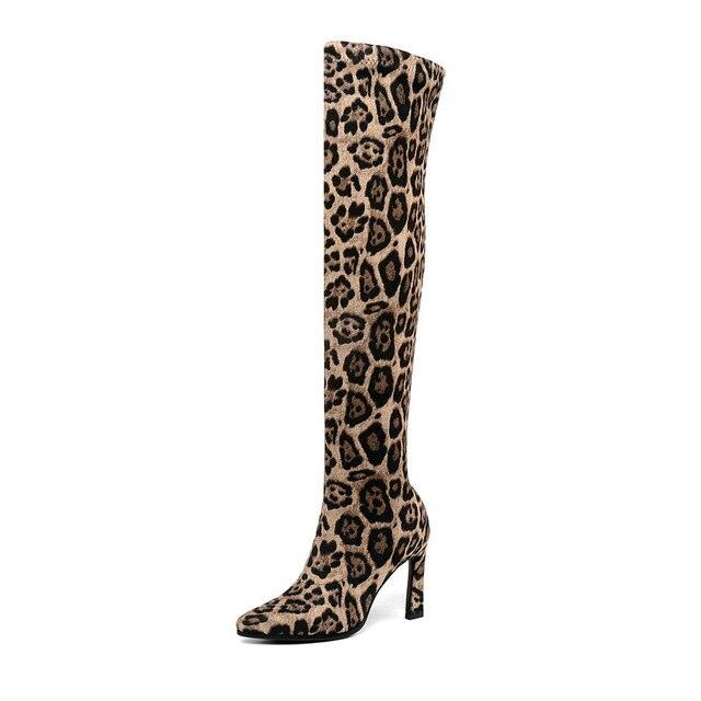 Hoof Heel Over The Knee Boots - Pointed Toe Women Ankle Boots - Leopard Stretch Mid Calf Boots (BB3)(BB1)(BB2)(CD)(WO4)