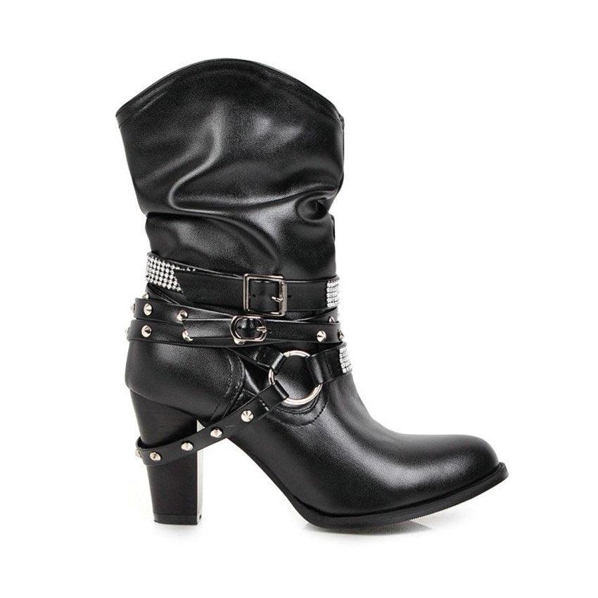 Women Mid Calf Boots - Square Heel Autumn Winter Women Shoes - PU Leather Fashion (D38)(BB1)(BB2)(BB3)(CD)(WO4)