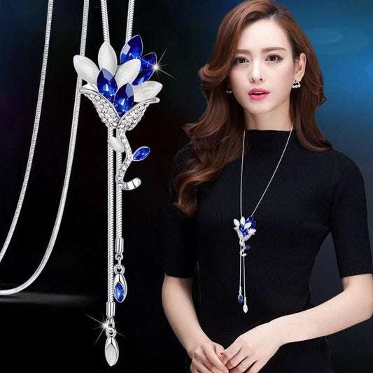 Fashion Long Chain Sweater Necklaces & Pendants - Blue Opal Rhinestone Flower Pendant Necklace (5JW)1