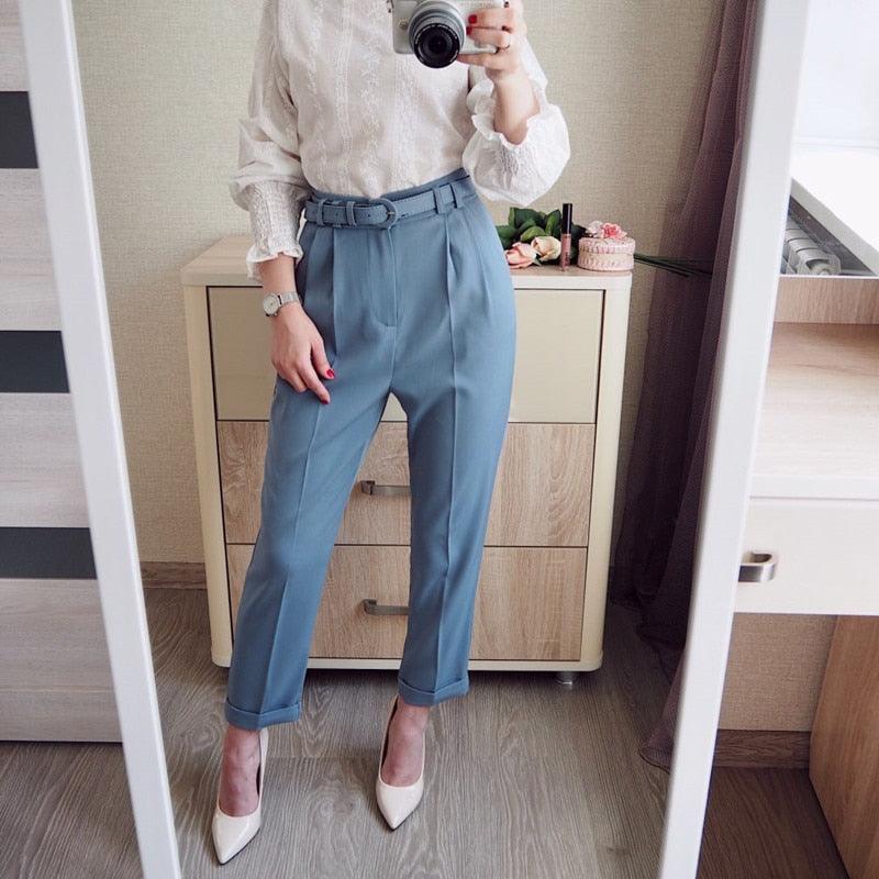 New Spring Women Pants With Belt - High Waist Formal Elegant Office Lady Ankle Length Pants (D25)(BP)