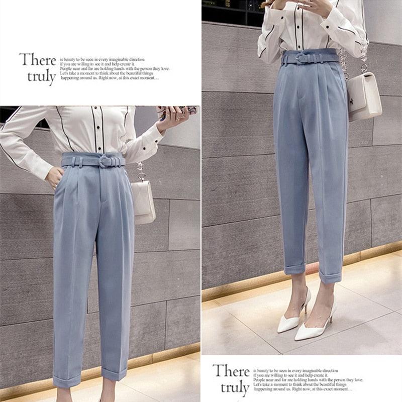 New Spring Women Pants With Belt - High Waist Formal Elegant Office Lady Ankle Length Pants (D25)(BP)