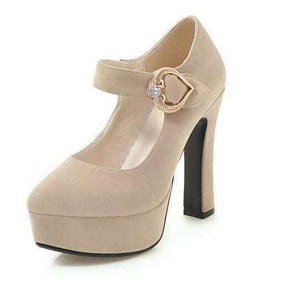 Gorgeous Woman Elegant Round Pumps - Square Heels - Flock Buckle High Platforms (D37)(SH1)(CD)(WO1)