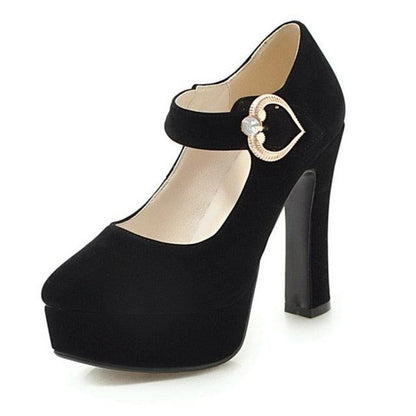 Gorgeous Woman Elegant Round Pumps - Square Heels - Flock Buckle High Platforms (D37)(SH1)(CD)(WO1)