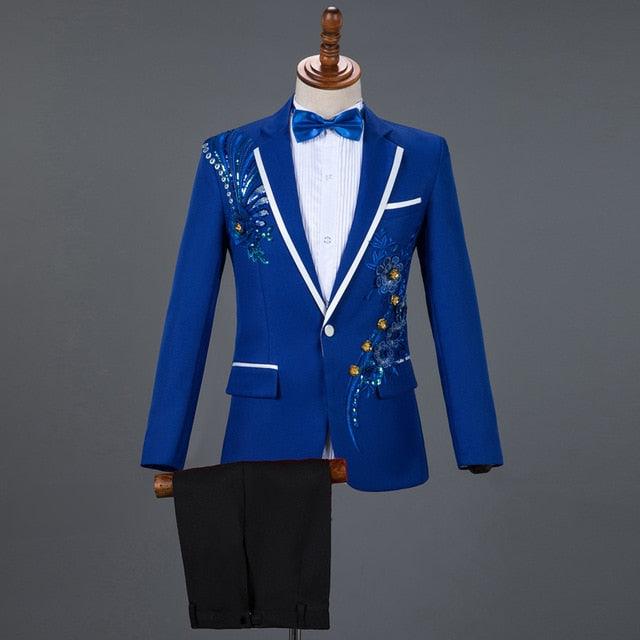 Floral Men Suits - Wedding Men's Suits - 3 Piece Blazer+Pant+Bow Tie Fashion Tuxedo Suit Set (F8)(T1M)(CC5)(F11)(F10)