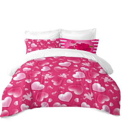 Red Pink Heart Bedding Set Rose Cupid Print Duvet Cover Set Girls Romantic Bedding Cover (8BM)(F63)
