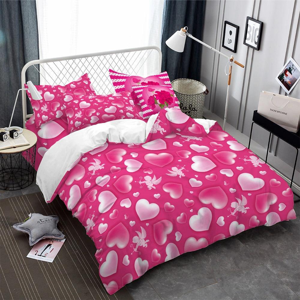 Red Pink Heart Bedding Set Rose Cupid Print Duvet Cover Set Girls Romantic Bedding Cover (8BM)(F63)