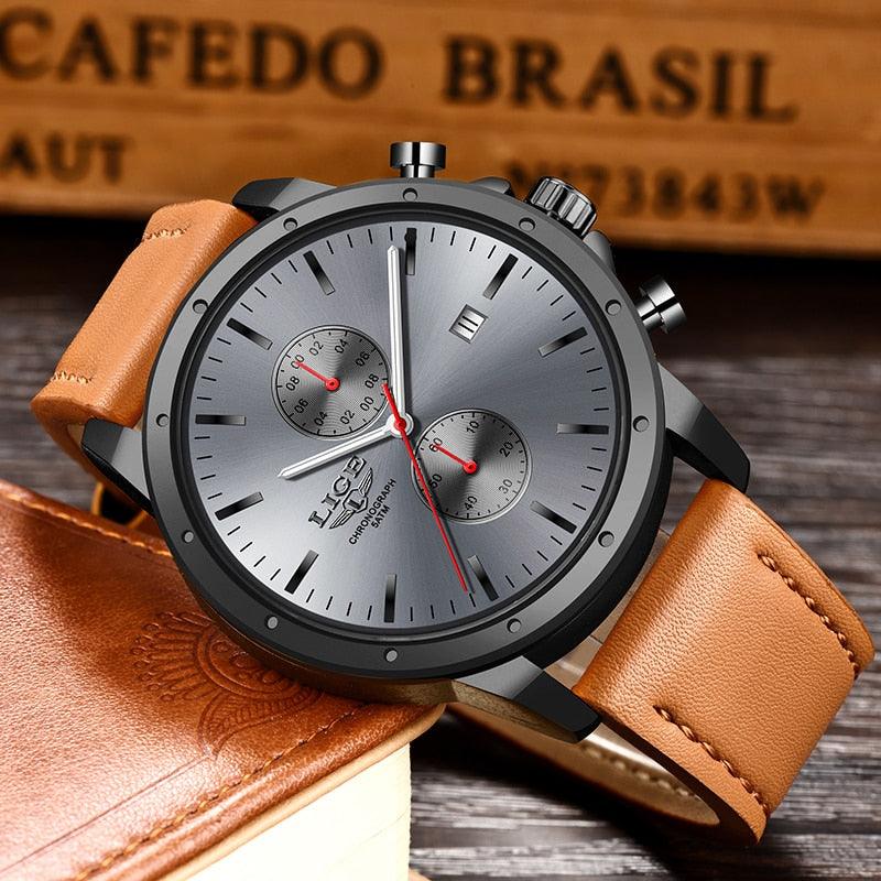 Men's Watches - Luxury Quartz Gold Watch - Men Casual Leather Military Waterproof Sport Wrist Watch (MA9)