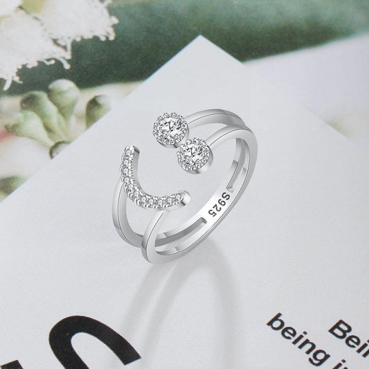 925 Sterling Silver Ring - Sparkling Cubic Zirconia - Smile Face Design Adjustable Ring (2U81)