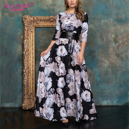 Women Elegant O Neck Long Dress - Vintage Floral Printing Fashion Casual Maxi Dress (WSO4)(WSO5)(WSO3)(F18)