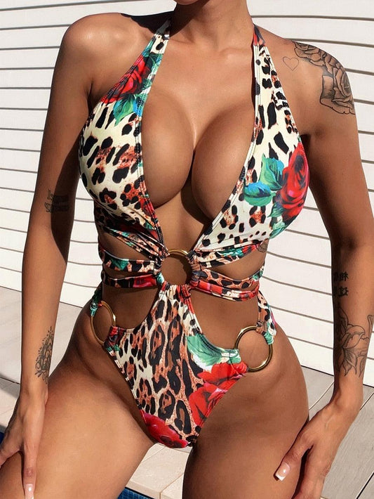 Hot One Piece Swimwear - Women Monokini Halter Swimsuit Printed Bathing Suit - Padded Beachwear Swimming Summer Backless (TB8D)(1U26)(F26) - Deals DejaVu