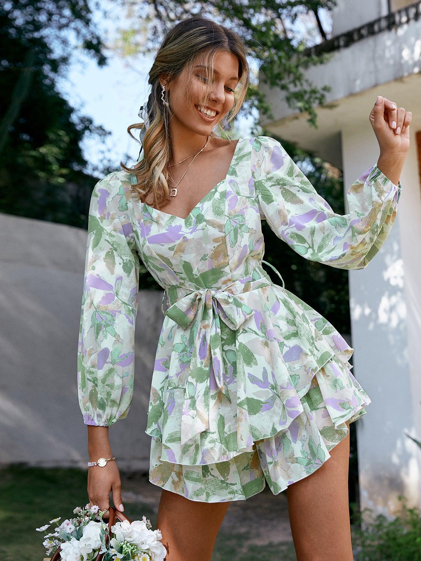 Trending Holiday sash long sleeve ruffle print romper - summer women Lace up floral short overall A-line v-neck beach rompers (BWD)(WS06)(F30)(2U30) - Deals DejaVu