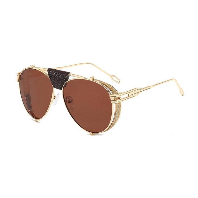 Folding Steampunk Pilot Sunglasses - Designer PU Leather Rivet Punk Sun Glasses UV400 (2U102)
