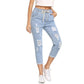 Women Summer Pants - Casual Blue Ripped Mid Waist Drawstring Skinny Denim Jeans (TB6)(F21)