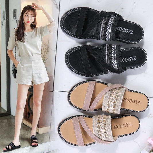 Summer Slippers - Women Flat Sandals -Slip-on Woven Round Toe Leather Suede Flat Flip Flops (SS4)(SS2)
