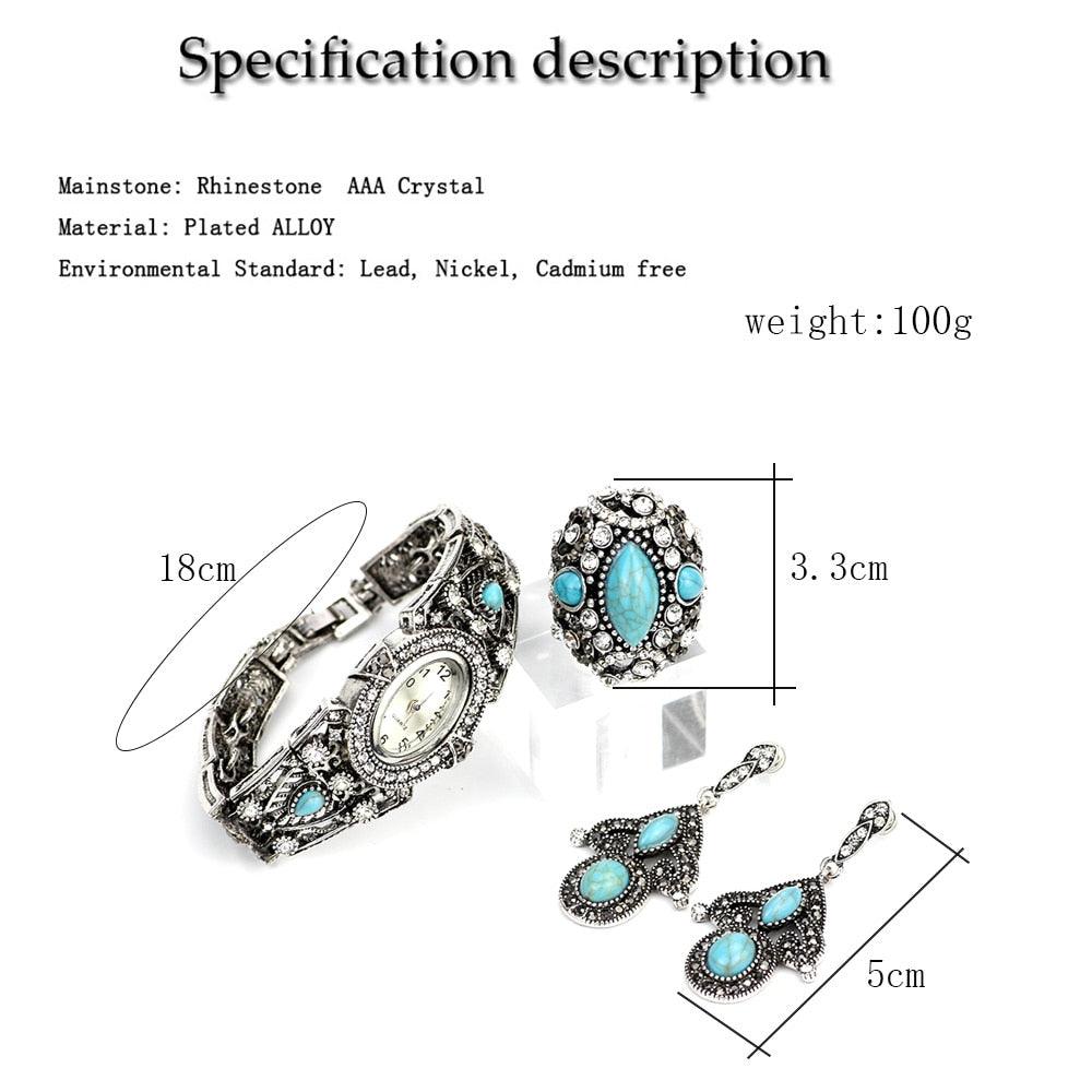 Gorgeous Vintage Retro Silver Color Cuff Bracelet Watch, Ring, Drop Earring Blue Stone Jewelry Set (1JW)(F82)(F81)