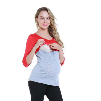 Great Maternity Nursing Top - Breastfeeding Red-Gray Women Pregnancy T-Shirt - 3/4 Sleeve Summer Autumn Pregnant T-shirt (1U4)(Z1)