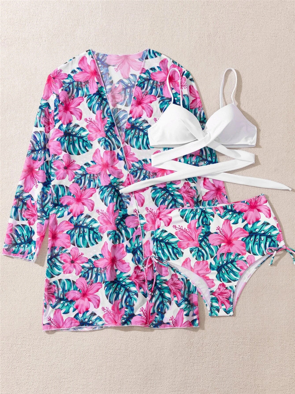 Trending New Three Pieces Bikinis Set - Cover Up Women Floral Print Push Up Swimsuit - Long Sleeve Twist Swimwear Bathing Suit (TB8D)(1U26)(F26) - Deals DejaVu
