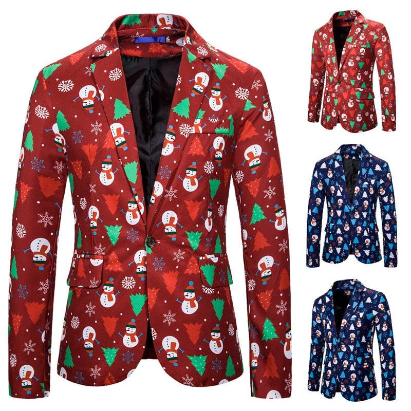Male Blazer Christmas Snowman Printed Blazers for Men Spring Autumn Thin Costume Homme Stage Clothes for Singers (T2M)(CC5) - Deals DejaVu