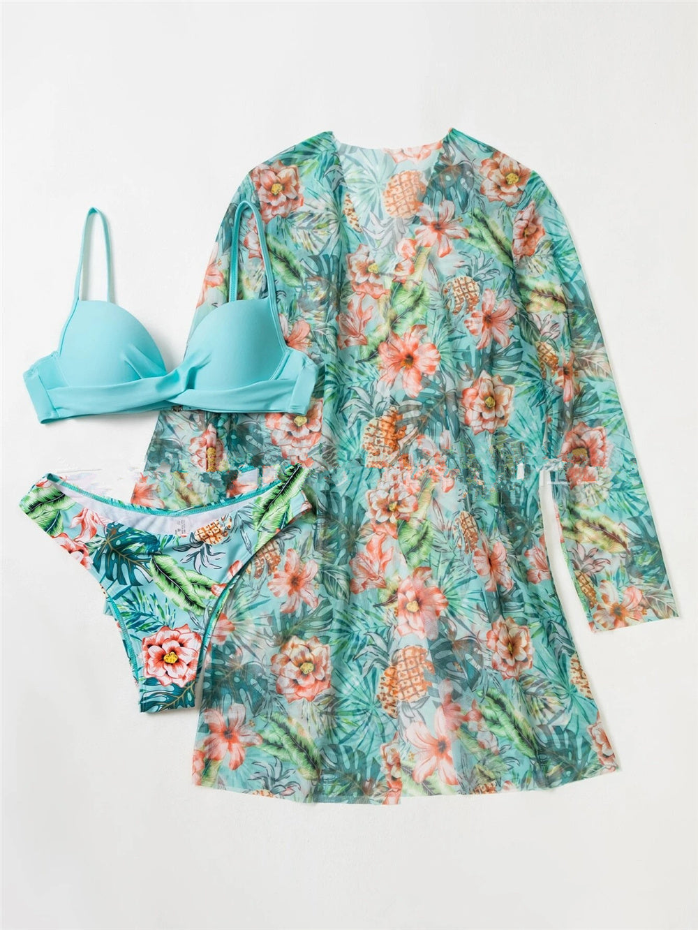 Trending New Three Pieces Bikinis Set - Cover Up Women Floral Print Push Up Swimsuit - Long Sleeve Twist Swimwear Bathing Suit (TB8D)(1U26)(F26)