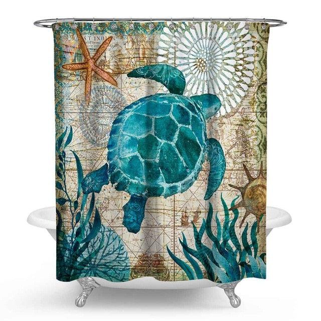 Sea Turtles 4 In 1 Waterproof Fabric Bathroom 3D Shower Curtain Set with Non Slip Toilet Cover Rugs (D65)(B&2)(B&4)(1U65)